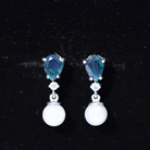 Pear Cut Black Opal and Freshwater Pearl Drop Earrings with Moissanite AAA - Rosec Jewels