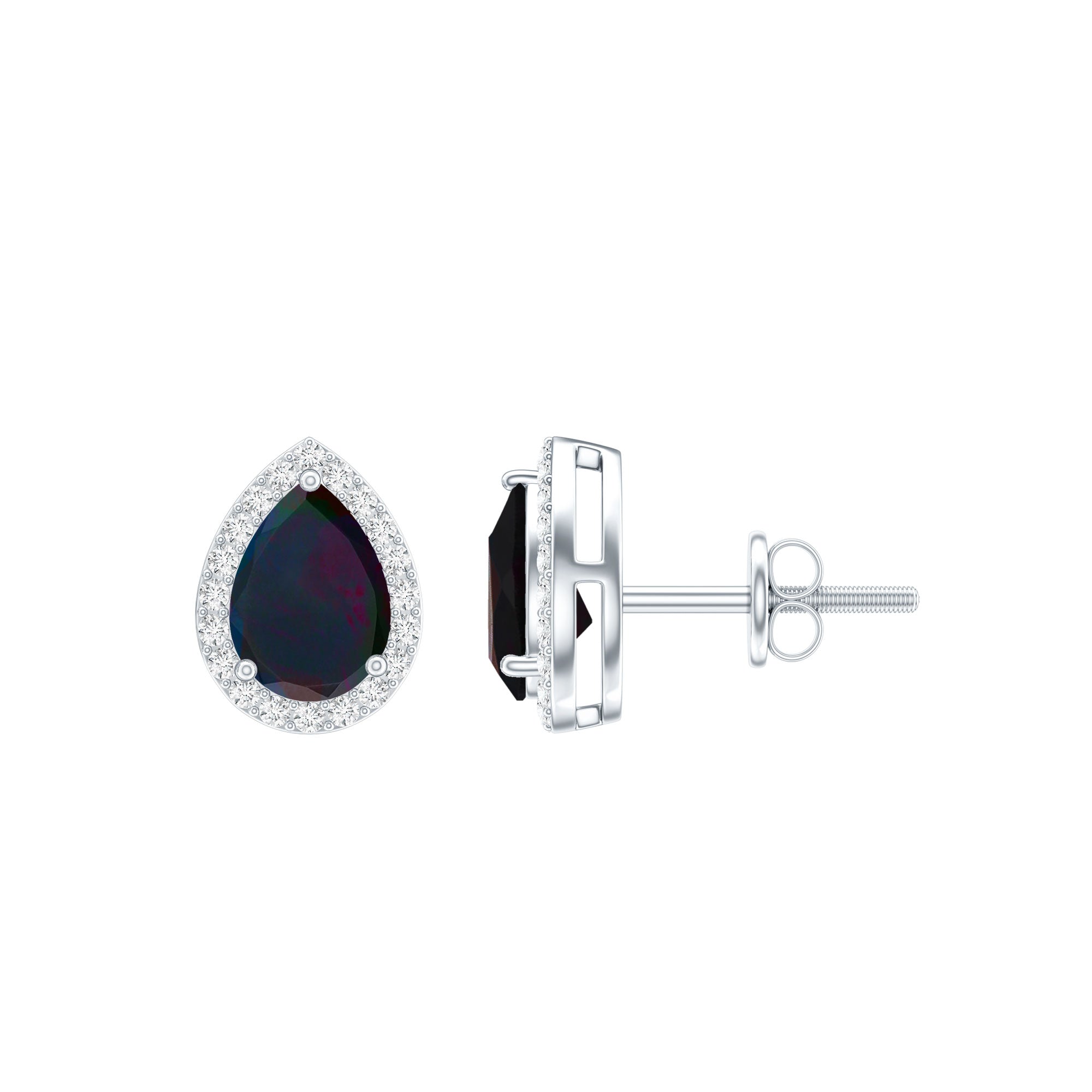 Classic Pear Cut Black Opal and Moissanite Halo Stud Earrings AAA - Rosec Jewels