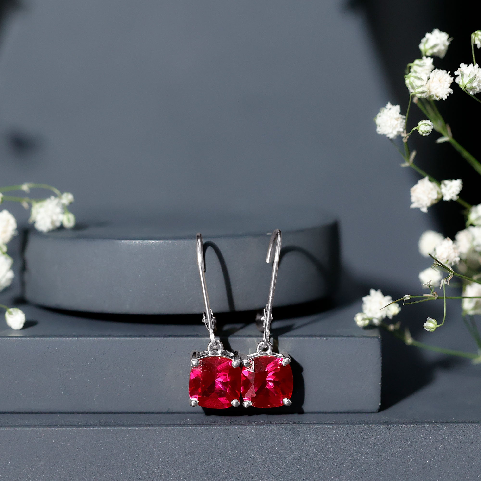 Lab Created Ruby Drop Earrings For Women AAAA - Rosec Jewels