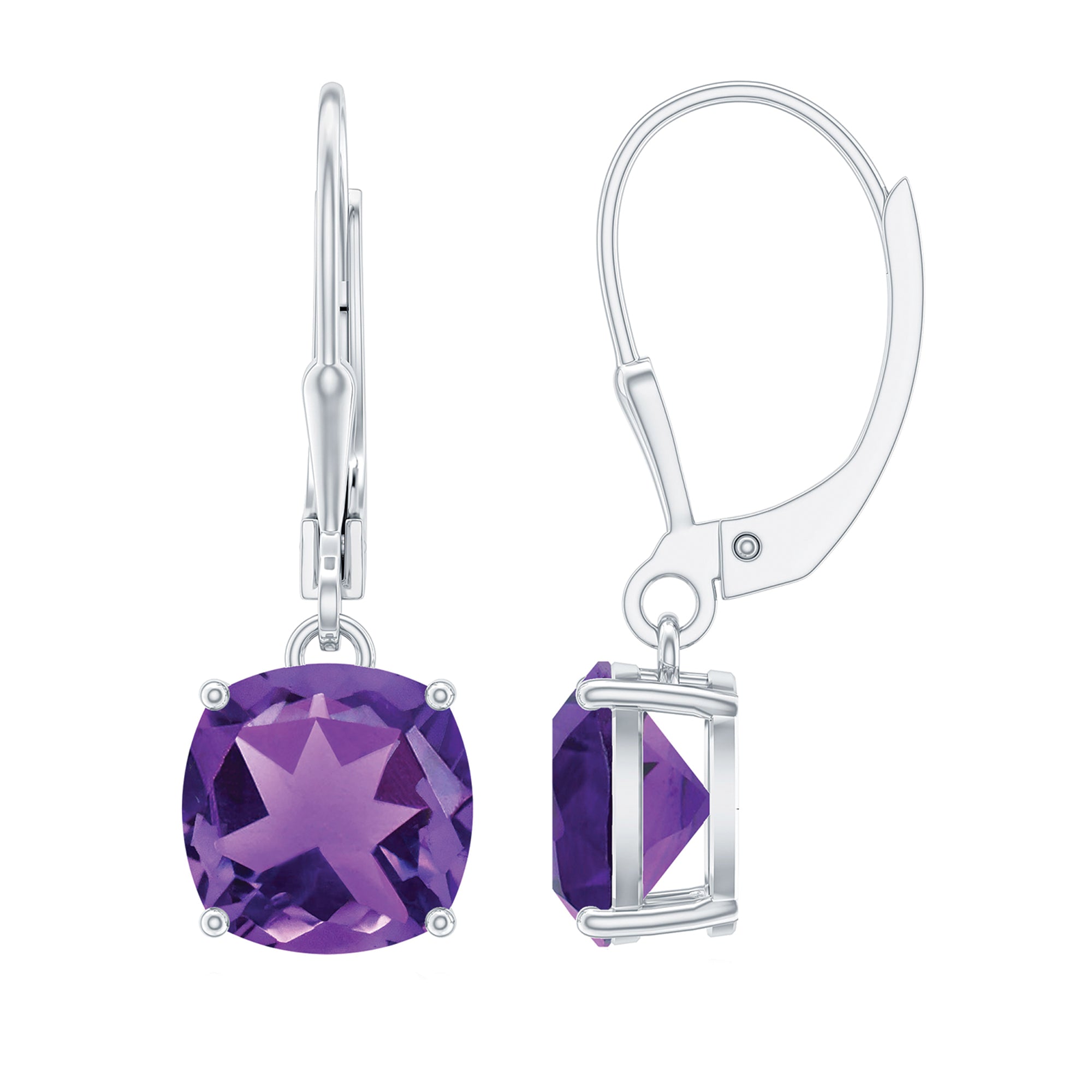 Natural 8mm Cushion Cut Amethyst Drop Earrings with Lever Back