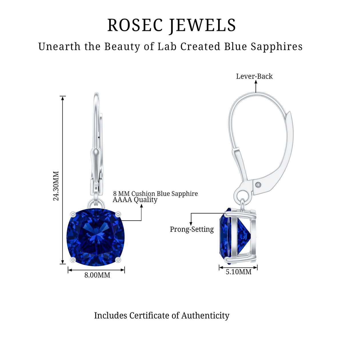 Cushion Cut Lab Grown Blue Sapphire Drop Hoop Earrings AAAA - Rosec Jewels