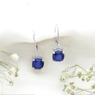 Cushion Cut Lab Grown Blue Sapphire Drop Hoop Earrings AAAA - Rosec Jewels