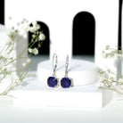 Cushion Cut Lab Grown Blue Sapphire Drop Hoop Earrings AAAA - Rosec Jewels