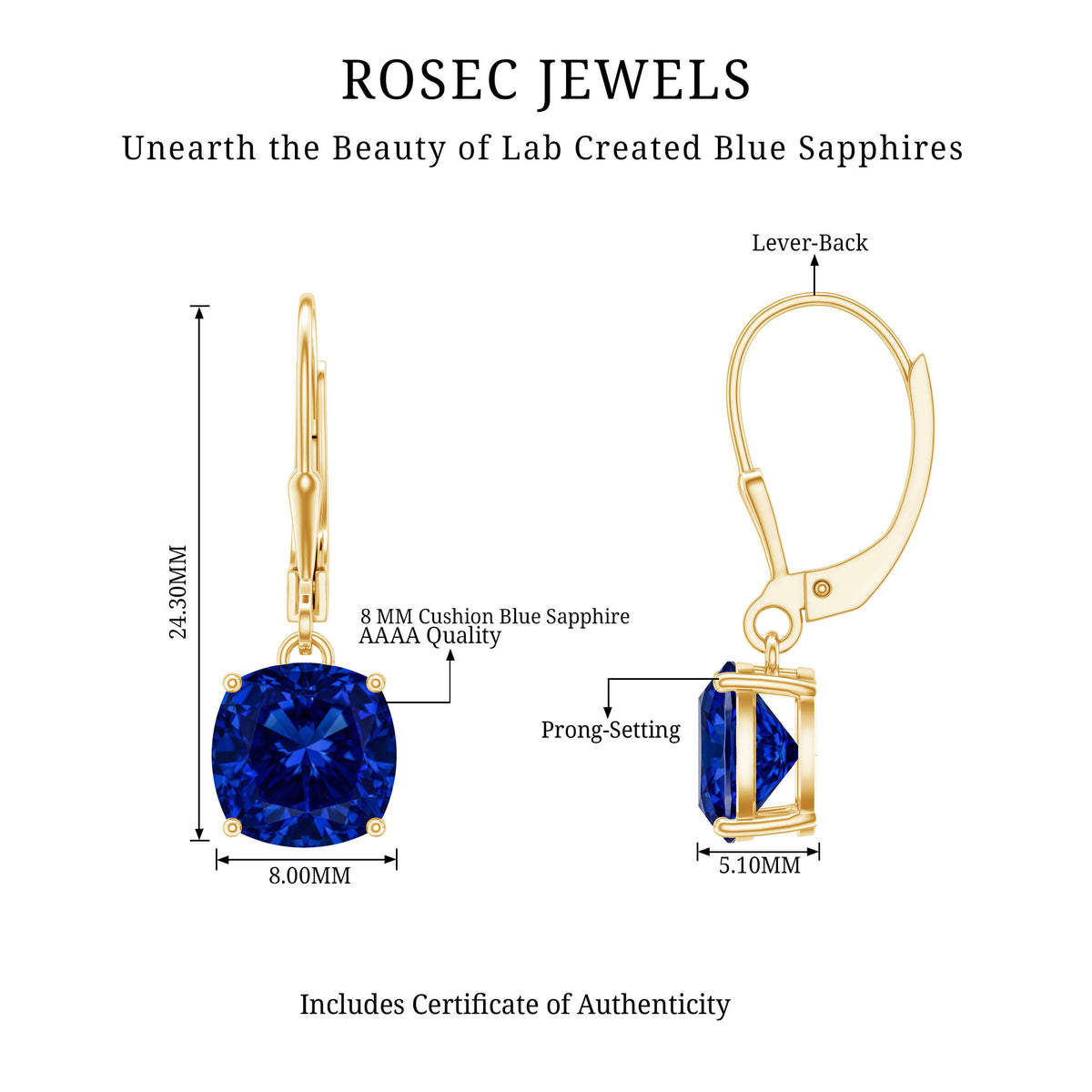 Cushion Cut Lab Grown Blue Sapphire Drop Hoop Earrings AAAA - Rosec Jewels