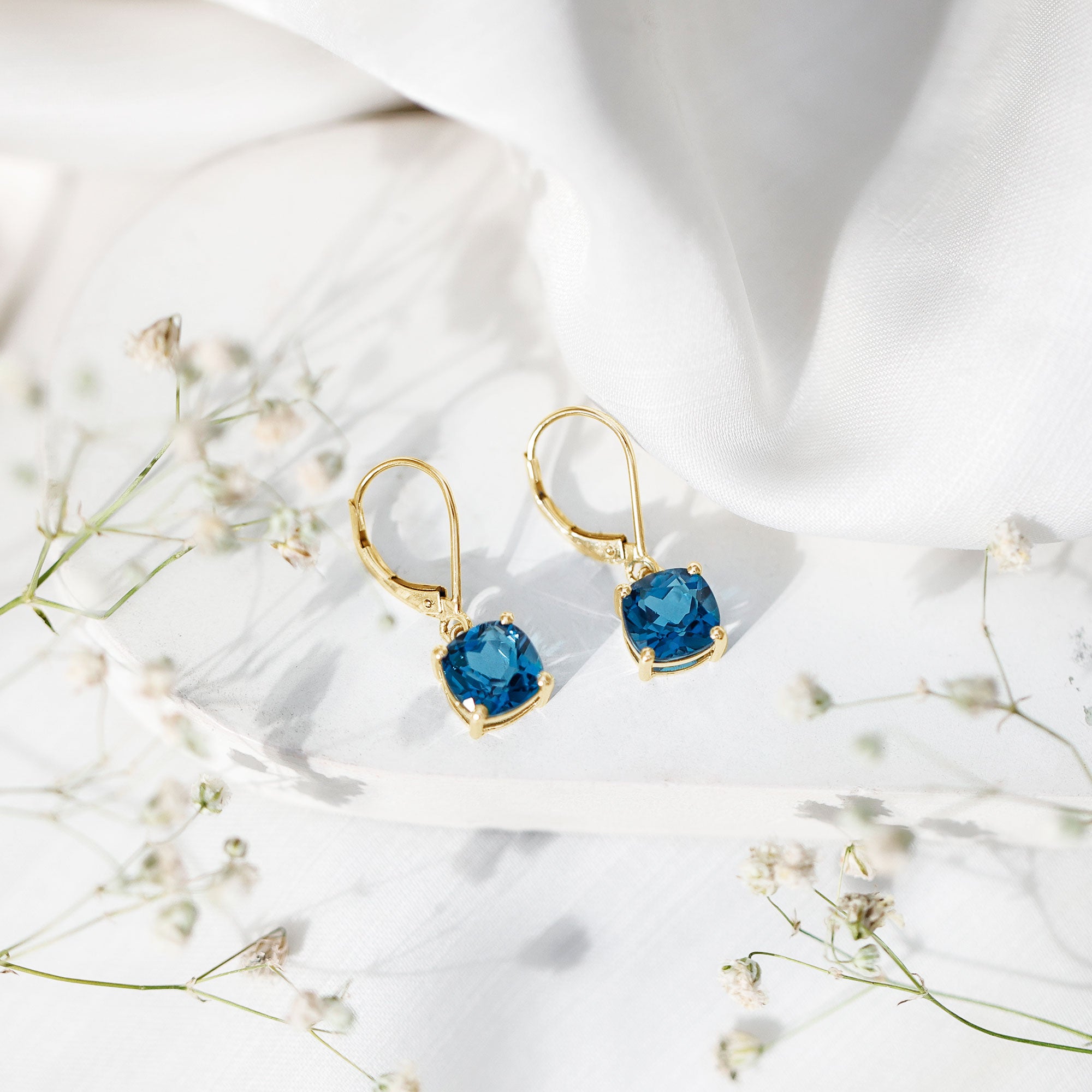 Cushion Cut London Blue Topaz Solitaire Drop Earrings AAA - Rosec Jewels