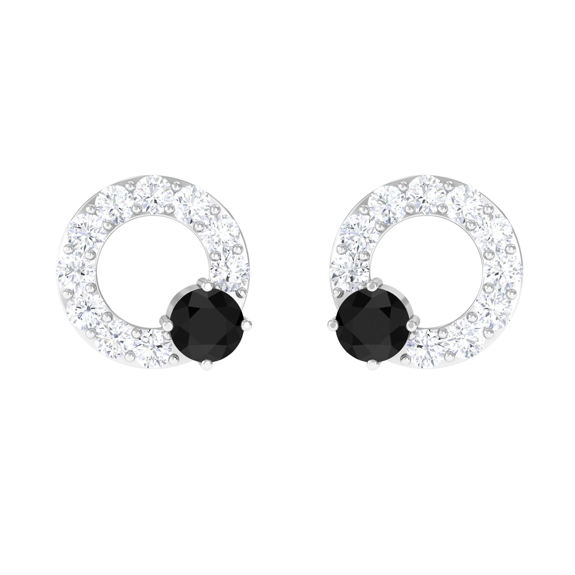 Real Black Onyx Circle Stud Earrings with Diamond
