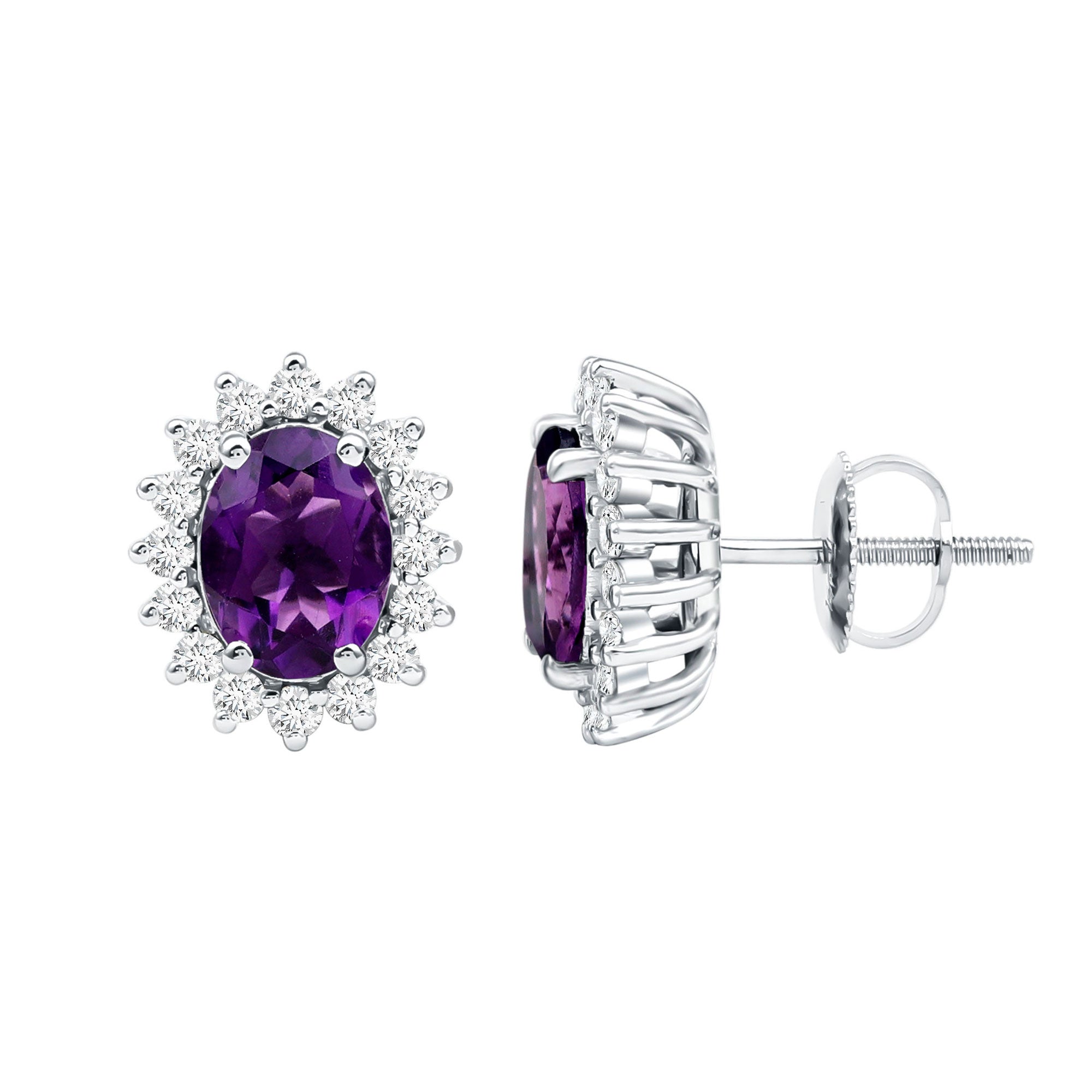 Classic Oval Amethyst Stud Earrings with Moissanite Halo