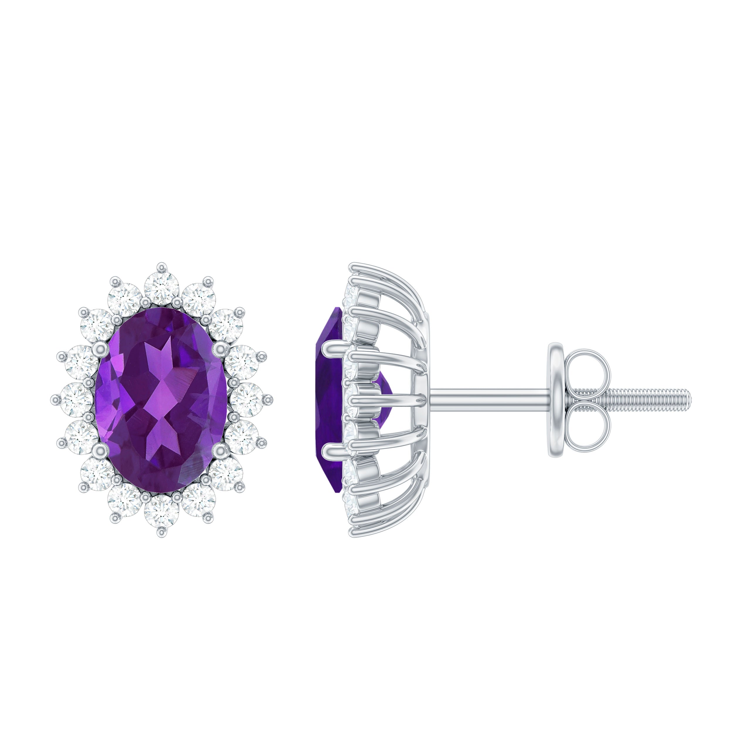 Oval Shaped 6X8 MM Amethyst Stud Earrings With Moissanite Halo