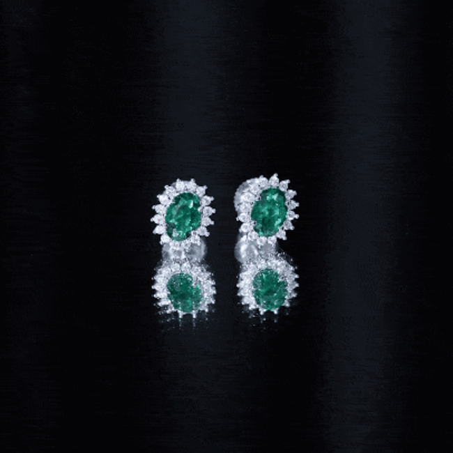 Lab Created Emerald Oval Stud Earrings with Moissanite Halo AAAA - Rosec Jewels