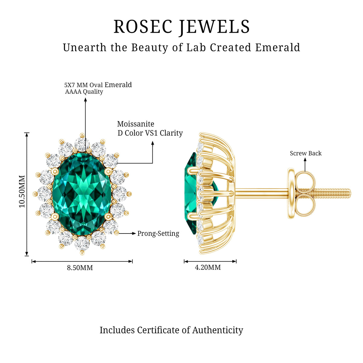 Lab Created Emerald Oval Stud Earrings with Moissanite Halo AAAA - Rosec Jewels