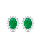 Oval Cut Natural Emerald Stud Earrings with Diamond Halo AAA - Rosec Jewels