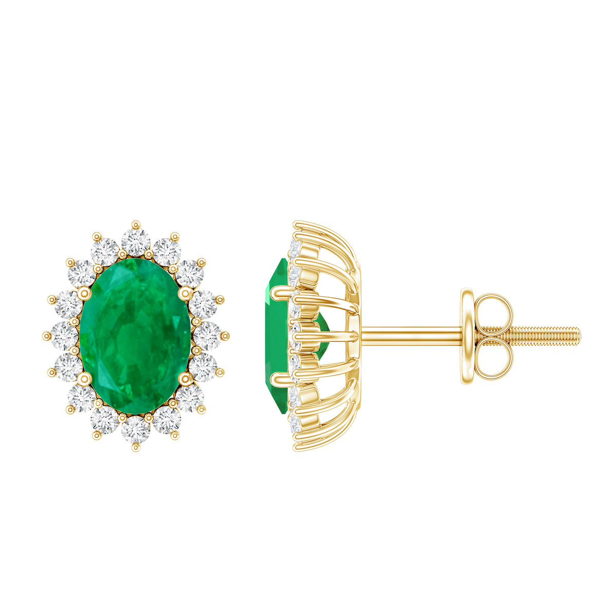 Oval Cut Natural Emerald Stud Earrings with Diamond Halo AAA - Rosec Jewels