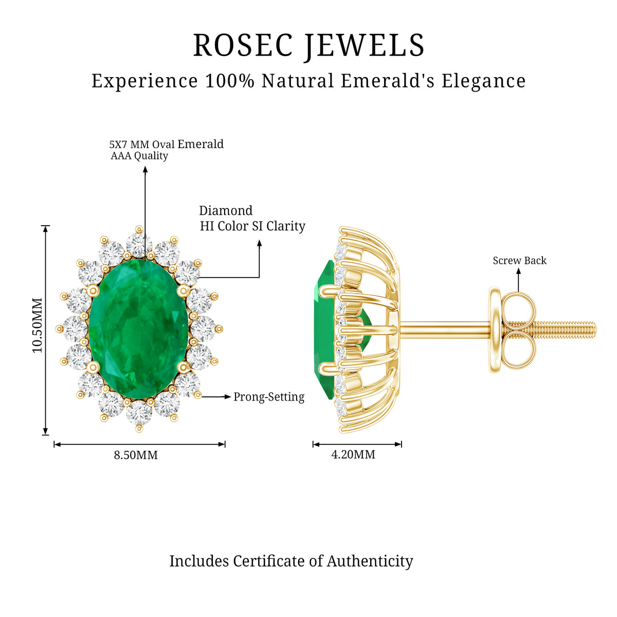 Oval Cut Natural Emerald Stud Earrings with Diamond Halo AAA - Rosec Jewels