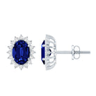 Lab Created Blue Sapphire Oval Stud Earrings with Moissanite Halo AAAA - Rosec Jewels