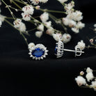 Lab Created Blue Sapphire Oval Stud Earrings with Moissanite Halo AAAA - Rosec Jewels
