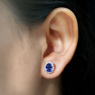 Lab Created Blue Sapphire Oval Stud Earrings with Moissanite Halo AAAA - Rosec Jewels