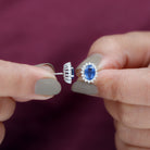 Lab Created Blue Sapphire Oval Stud Earrings with Moissanite Halo AAAA - Rosec Jewels