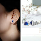 Lab Created Blue Sapphire Oval Stud Earrings with Moissanite Halo AAAA - Rosec Jewels
