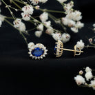 Lab Created Blue Sapphire Oval Stud Earrings with Moissanite Halo AAAA - Rosec Jewels