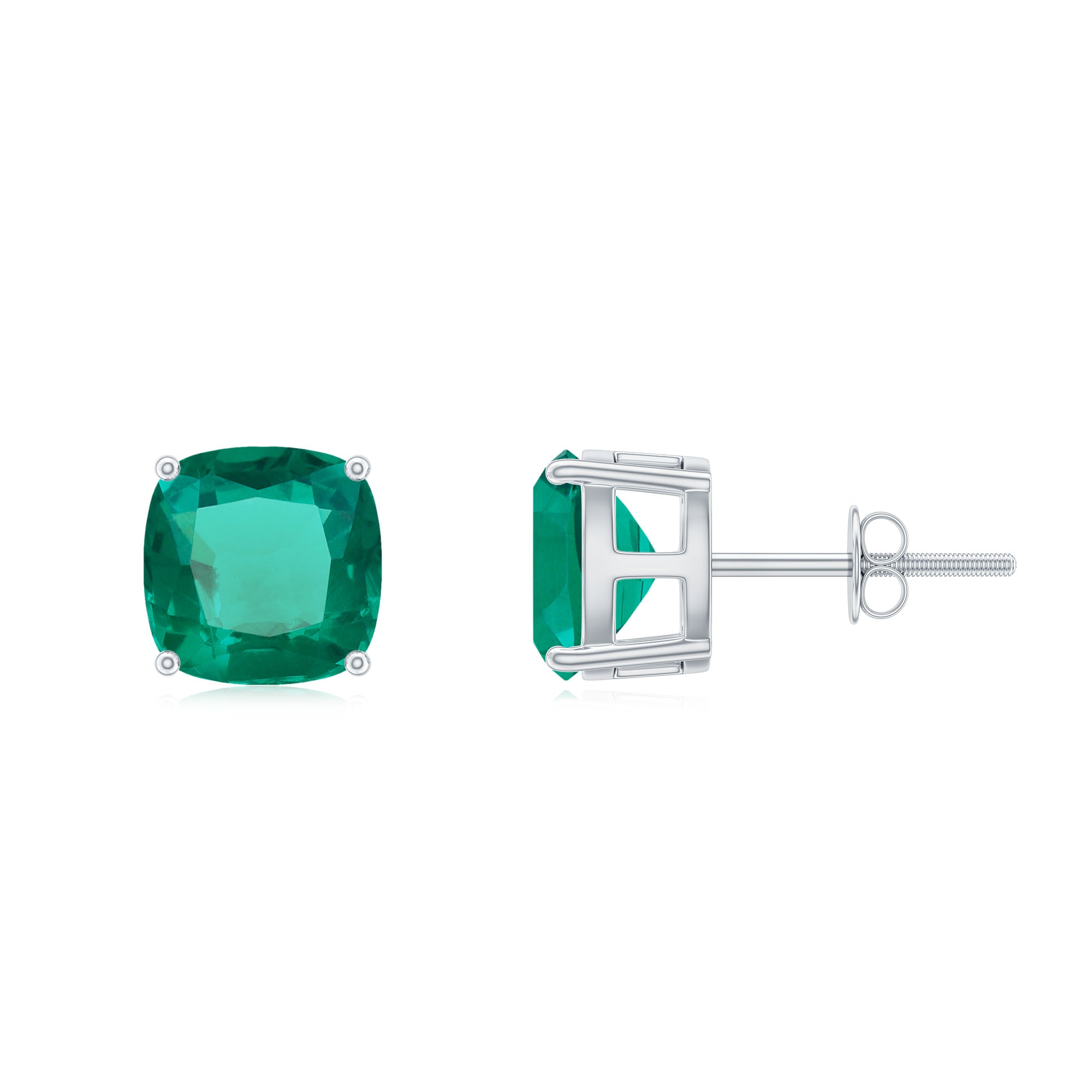 3 CT Cushion Cut Created Emerald Solitaire Stud Earring in Silver Lab Created Emerald - ( AAAA ) - Quality 92.5 Sterling Silver - Rosec Jewels