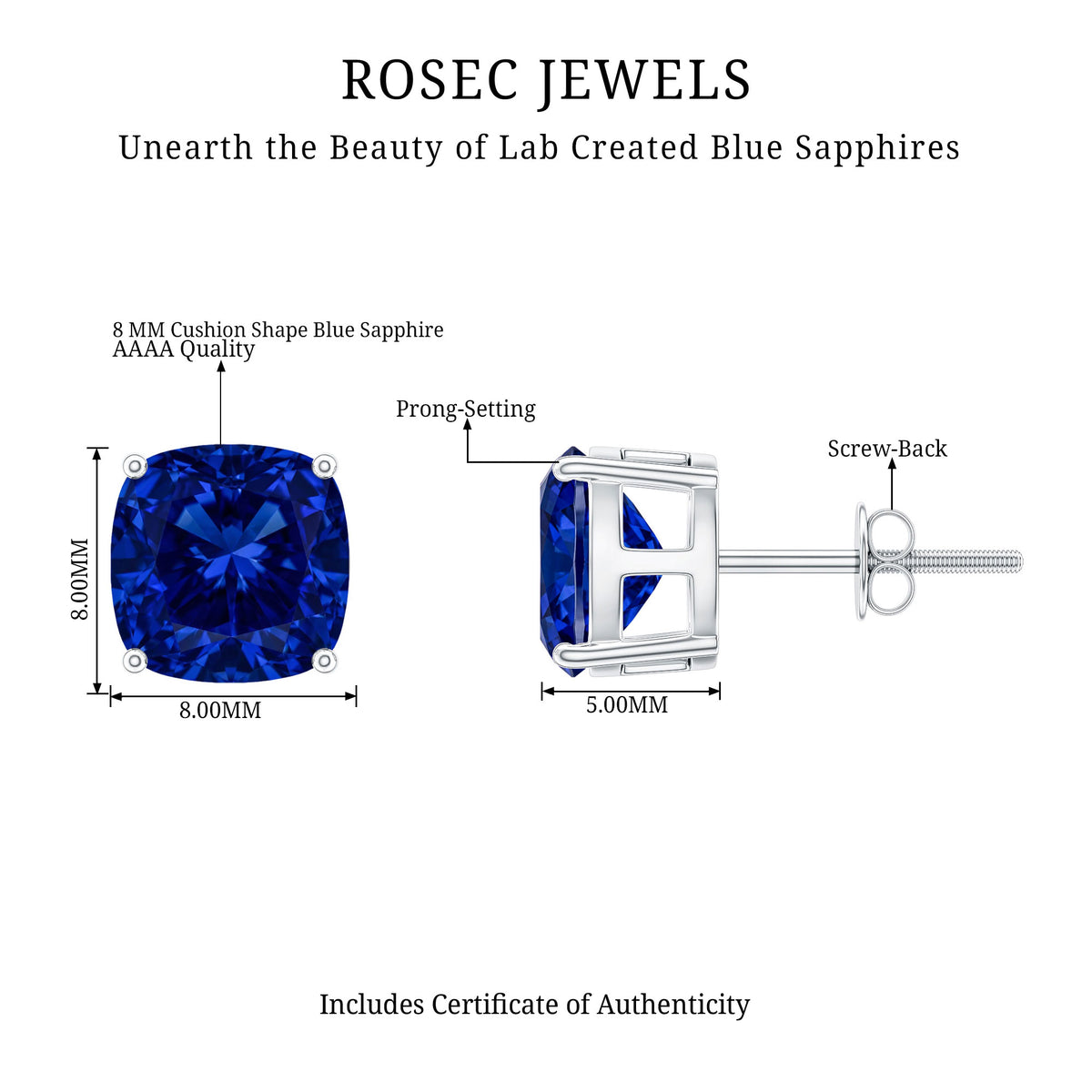 5.5 Carat Lab Grown Blue Sapphire Solitaire Stud Earring With Certificate AAAA - Rosec Jewels