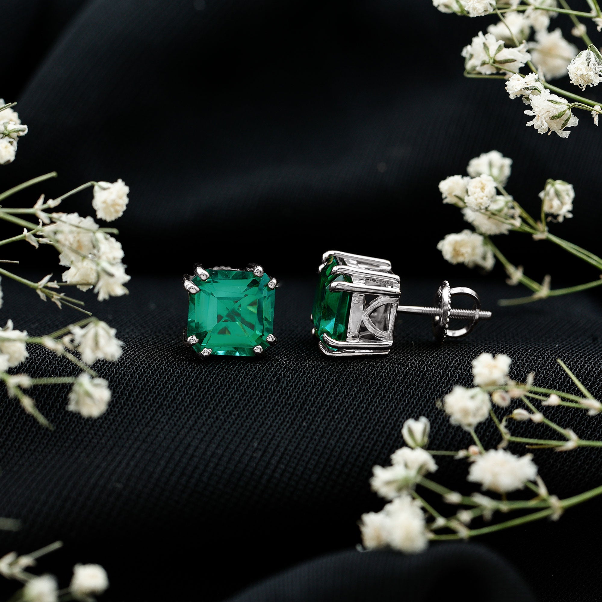 Certified Asscher Cut Lab Grown Emerald Stud Earrings in Double Prongs AAAA - Rosec Jewels