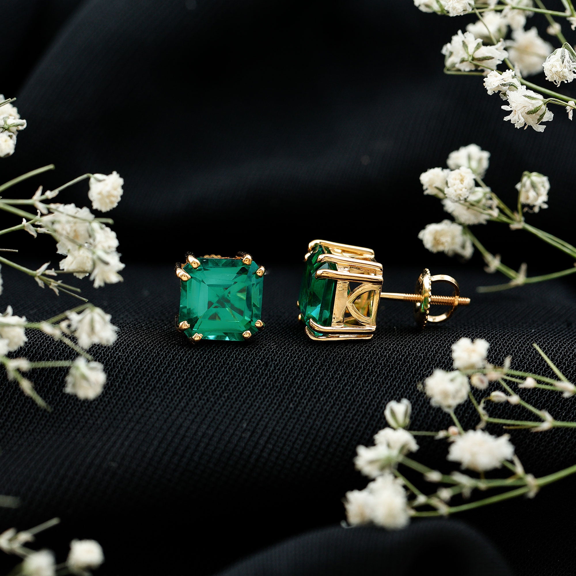 Certified Asscher Cut Lab Grown Emerald Stud Earrings in Double Prongs AAAA - Rosec Jewels
