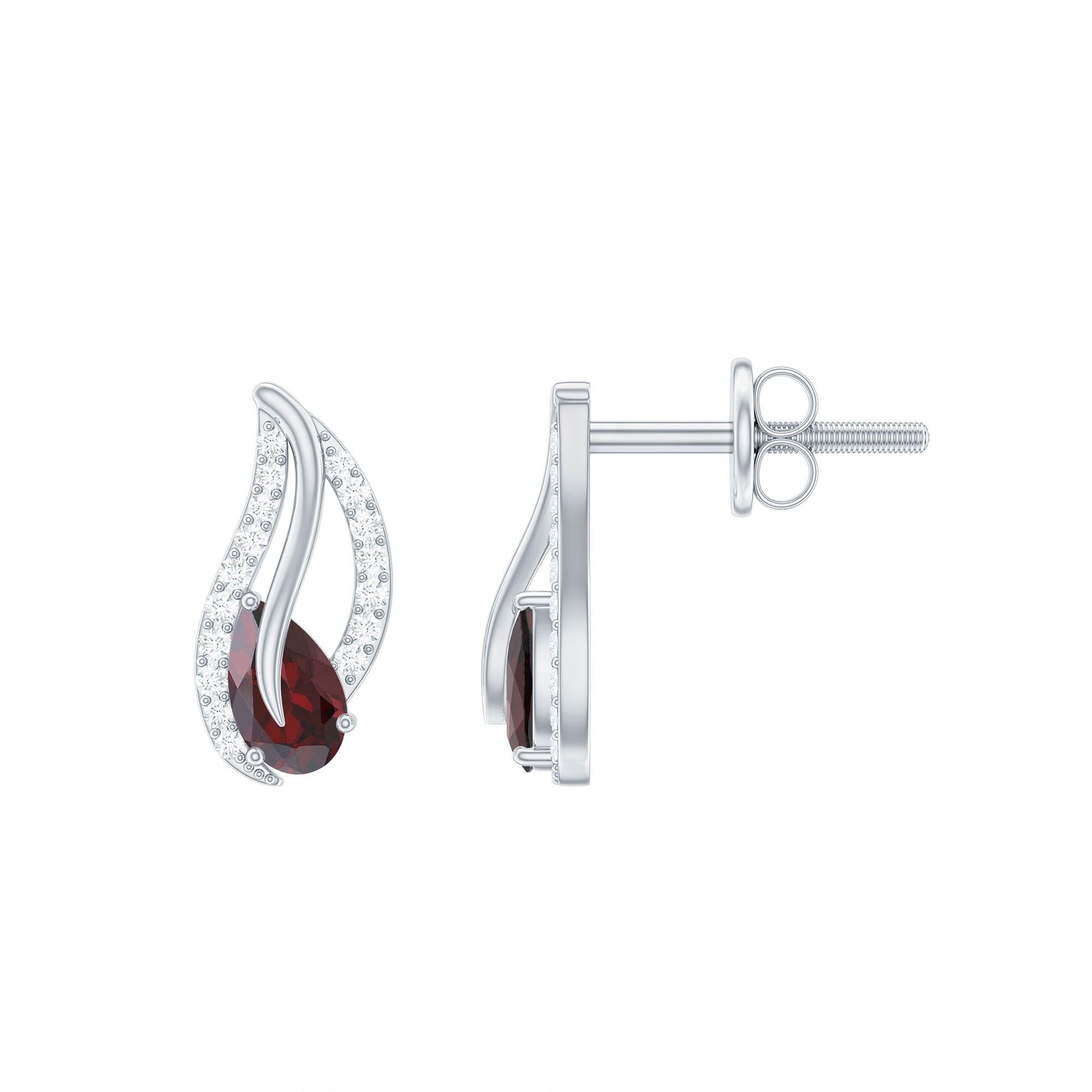 Pear Shape Garnet and Diamond Leaf Stud Earrings