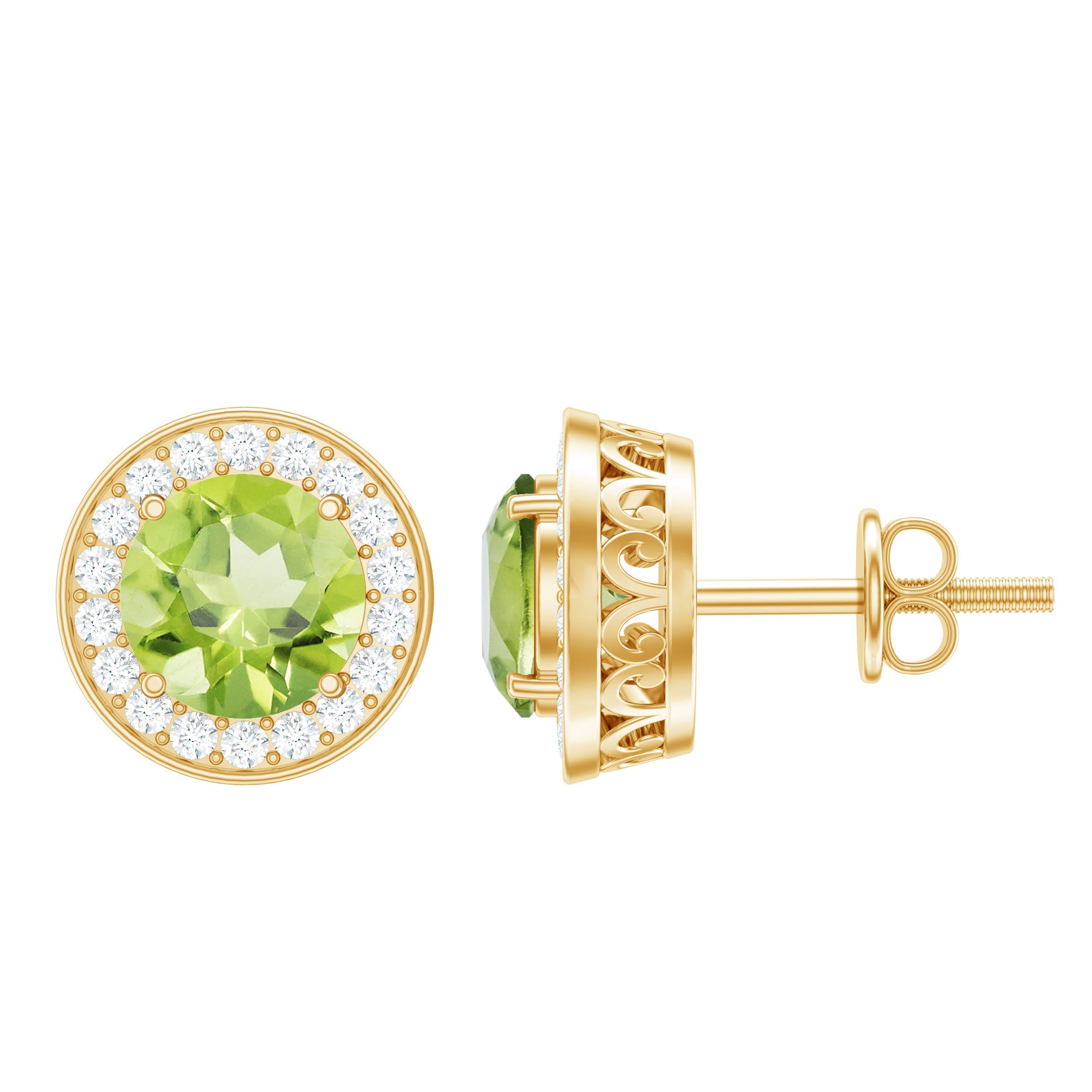 Natural Peridot Stud Earrings with Diamond Halo