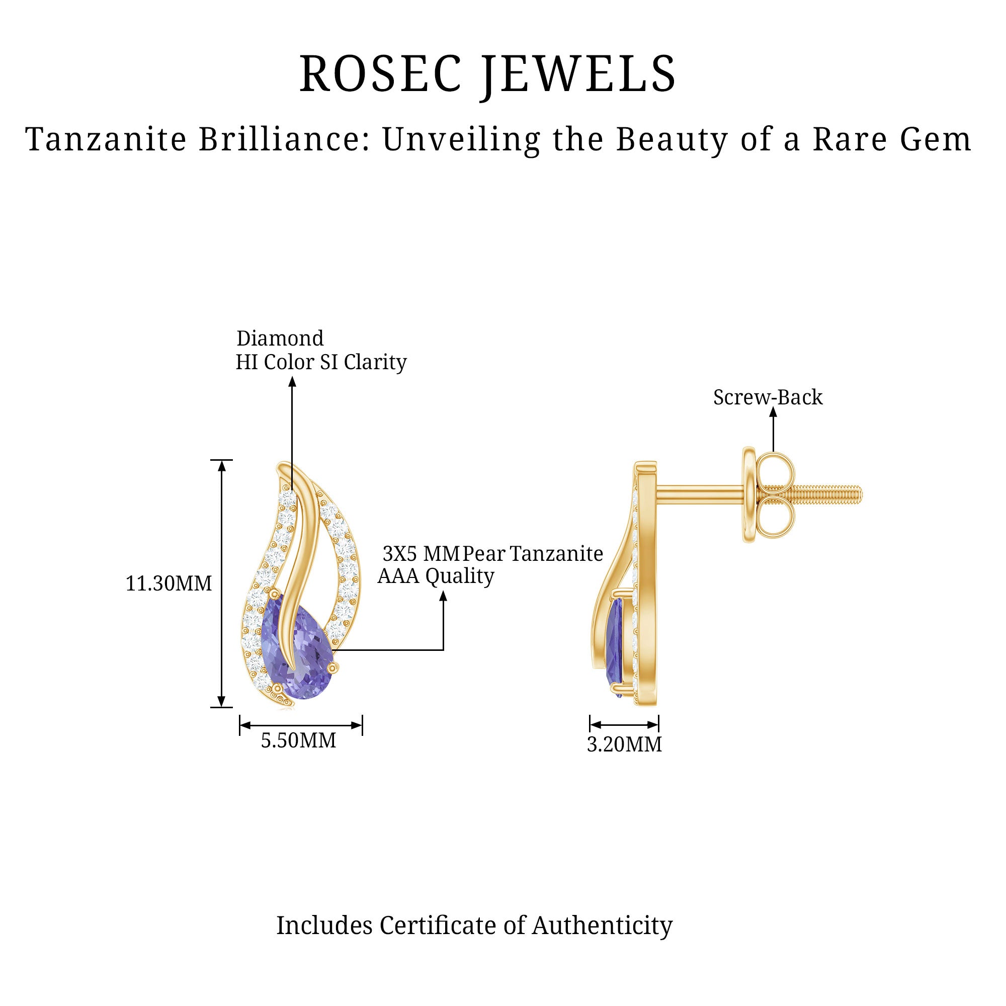 Pear Shape Tanzanite and Diamond Leaf Stud Earrings AAA - Rosec Jewels