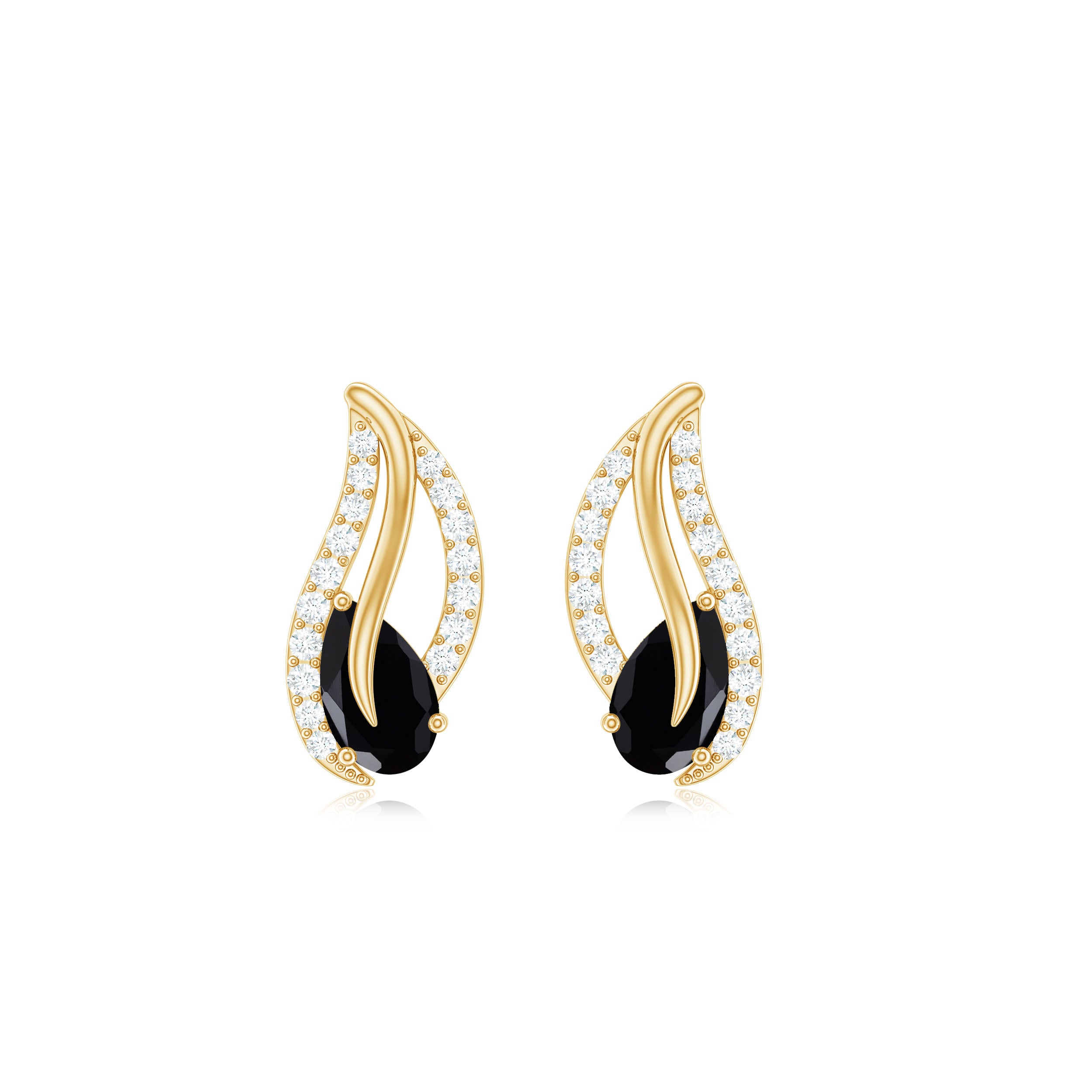 Pear Shape Black Spinel and Diamond Leaf Stud Earrings AAA - Rosec Jewels