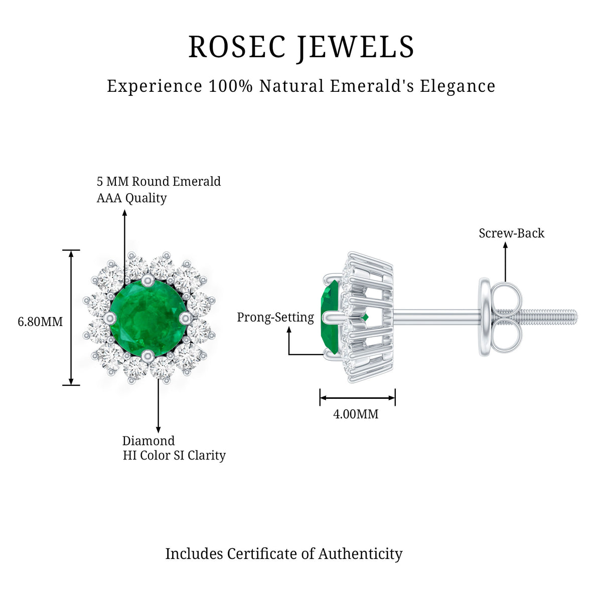 Classic Emerald Stud Earrings with Diamond Halo AAA - Rosec Jewels