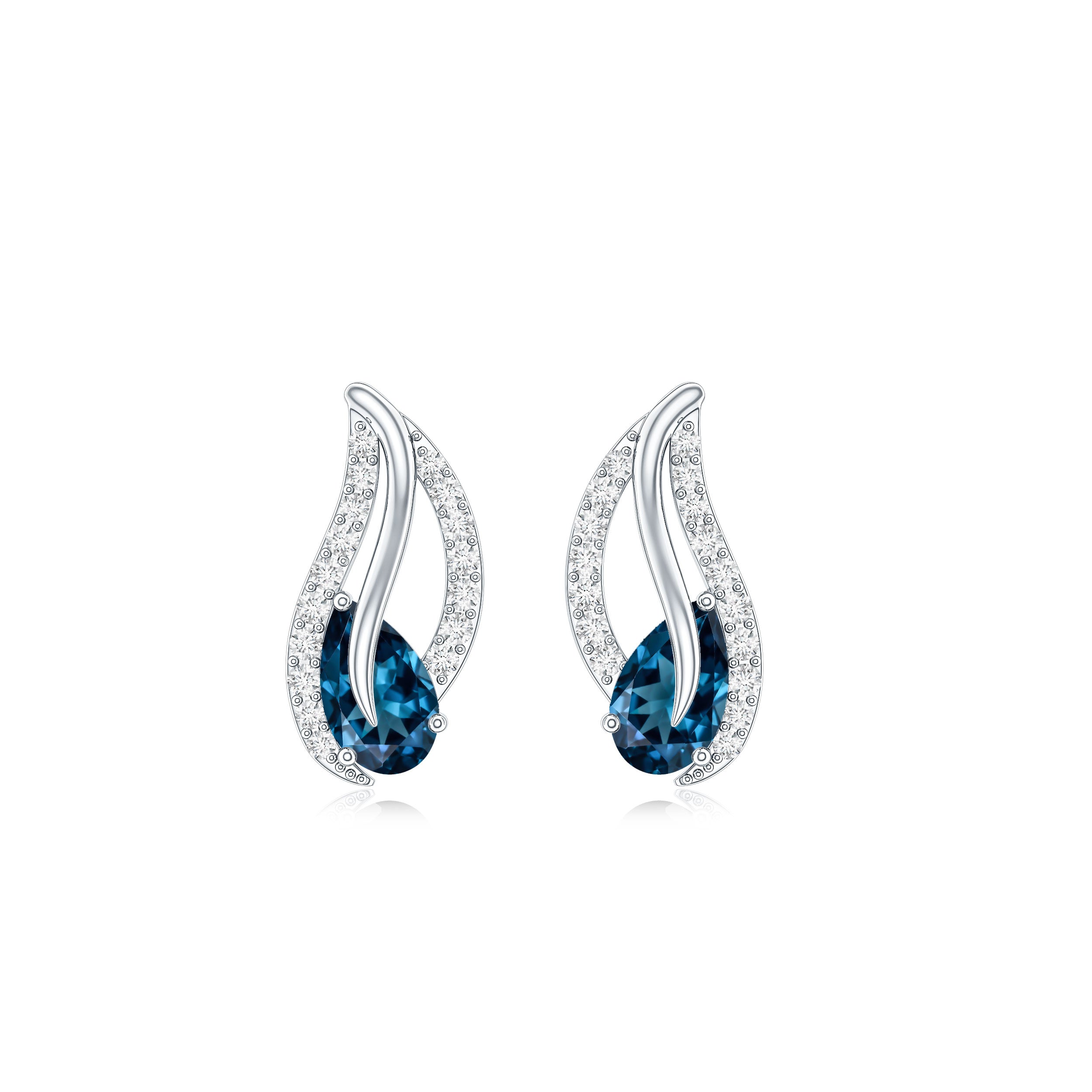 Pear Shape London Blue Topaz and Diamond Leaf Stud Earrings AAA - Rosec Jewels