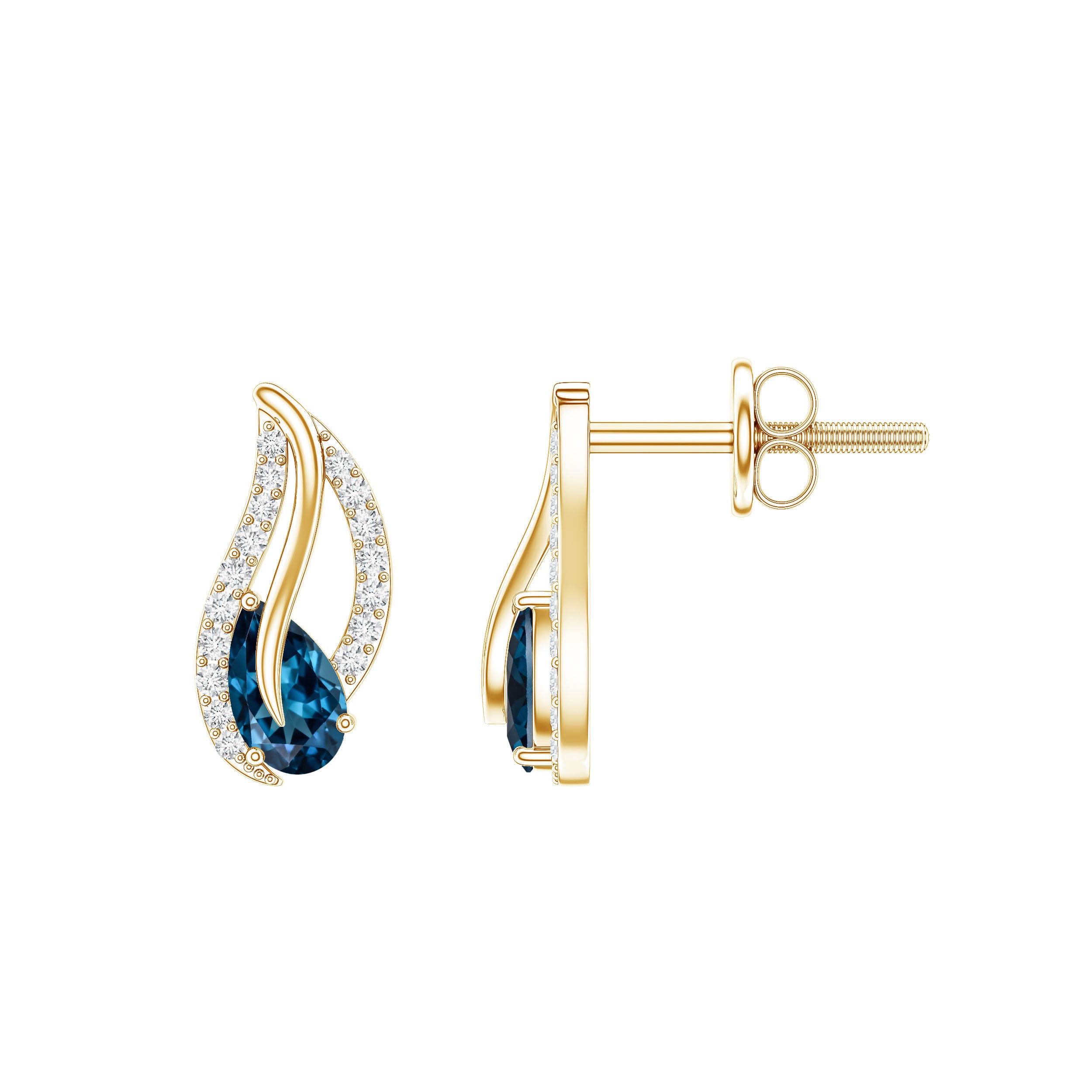 Pear Shape London Blue Topaz and Diamond Leaf Stud Earrings AAA - Rosec Jewels