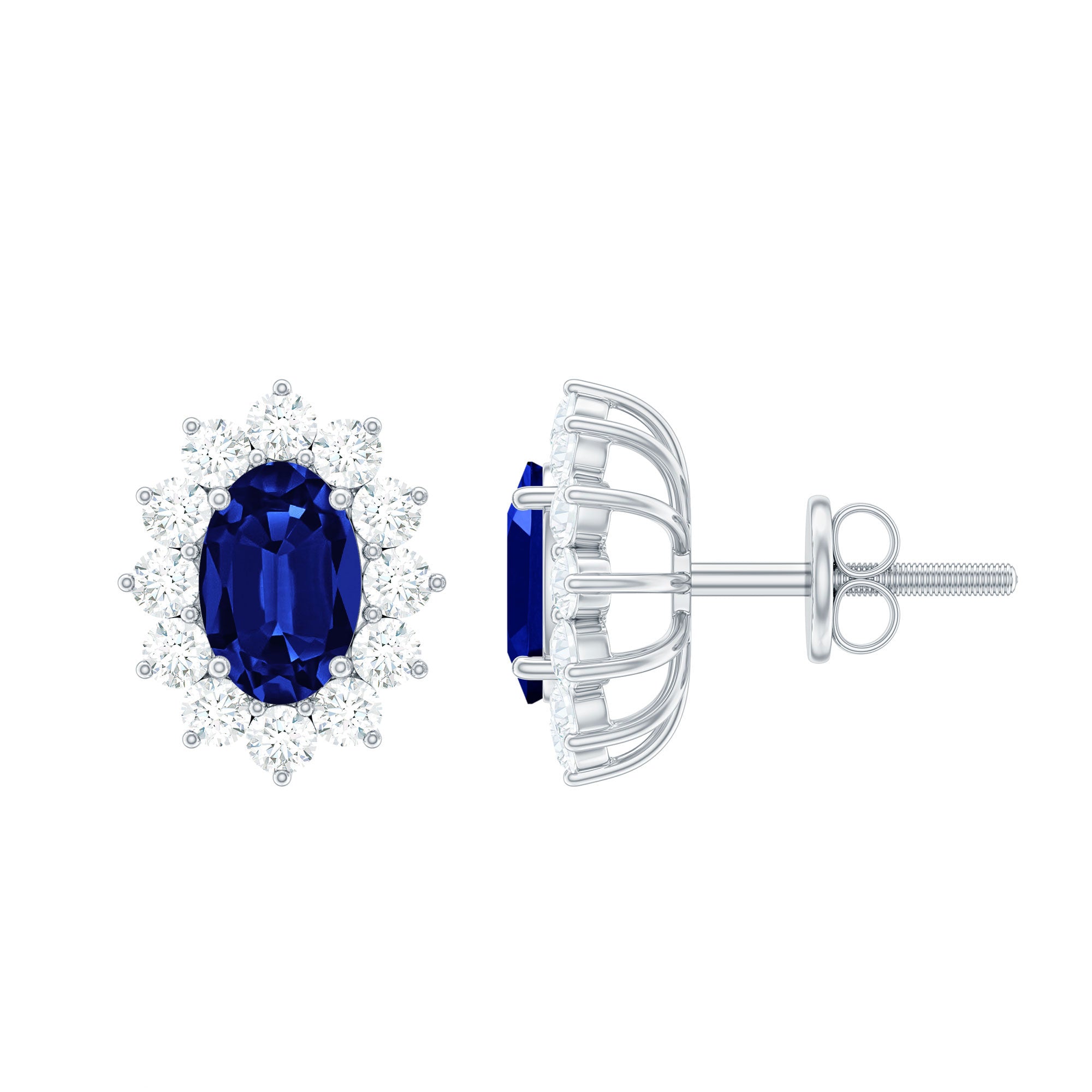 Oval Shaped Lab Grown Blue Sapphire and Diamond Halo Stud Earrings