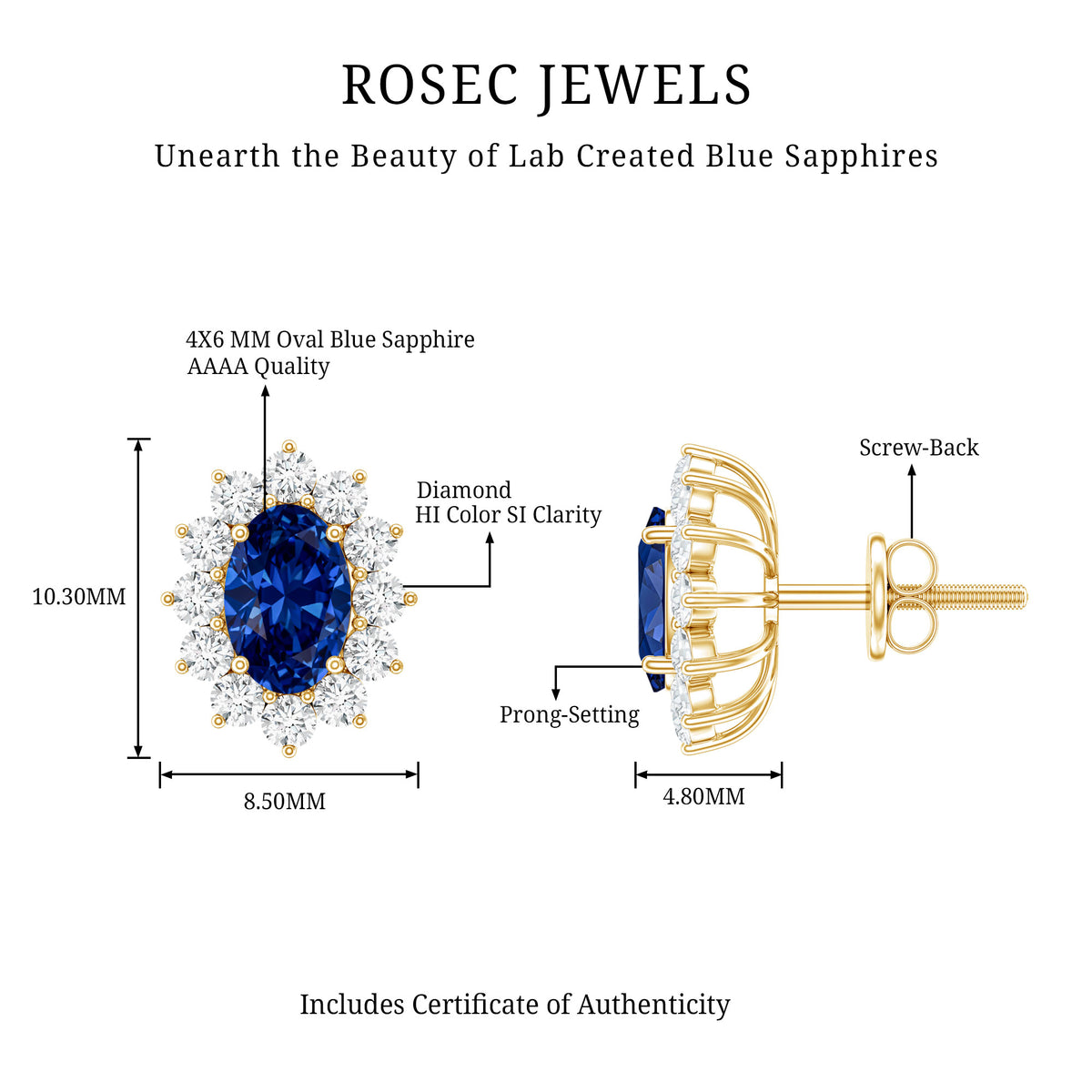 Rosec Jewels-Oval Shaped Lab Grown Blue Sapphire and Diamond Halo Stud Earrings