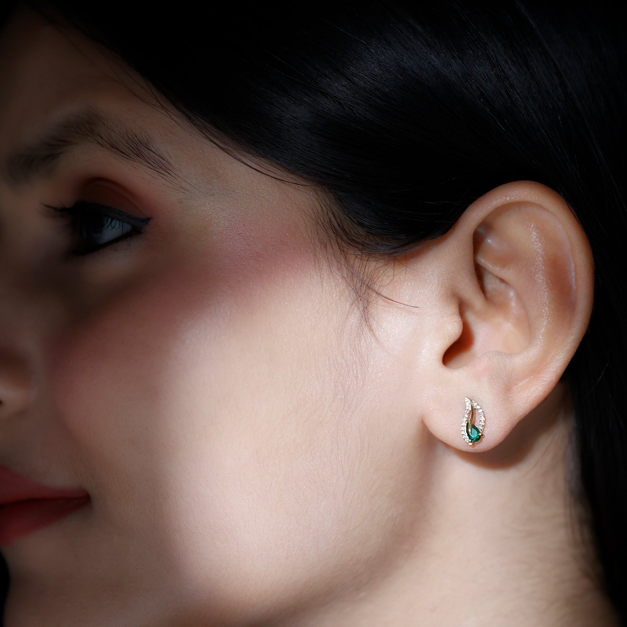 Lab Created Emerald and Diamond Leaf Stud Earrings AAAA - Rosec Jewels