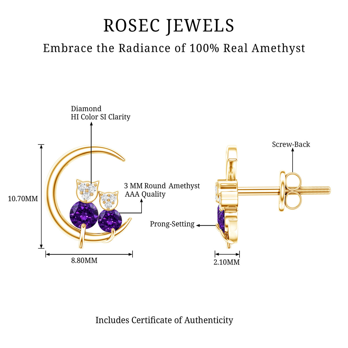 Natural Amethyst and Diamond Cat on Moon Stud Earrings AAA - Rosec Jewels
