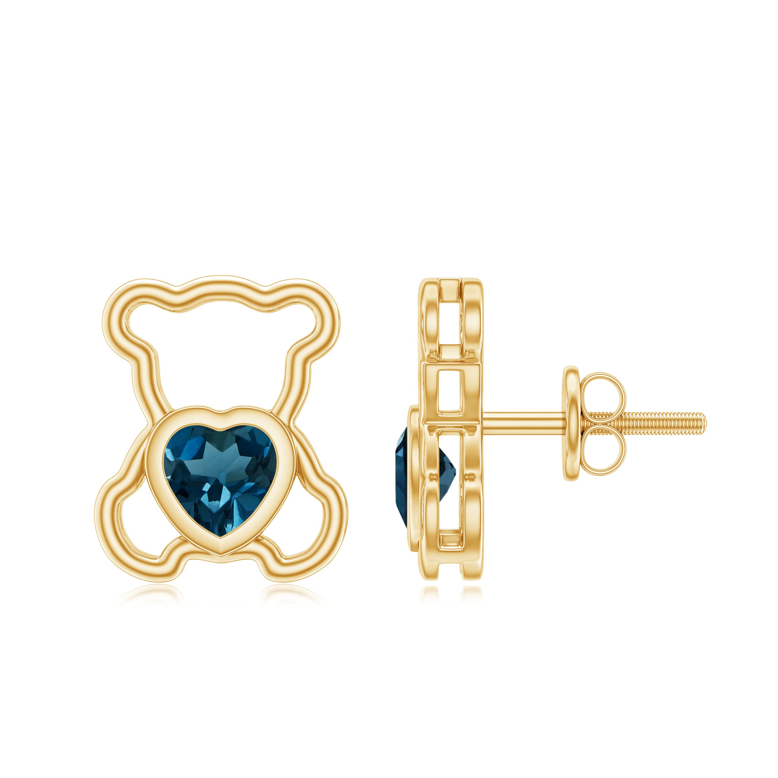 1/2 CT Heart Shape London Blue Topaz Teddy Bear Earrings AAA - Rosec Jewels