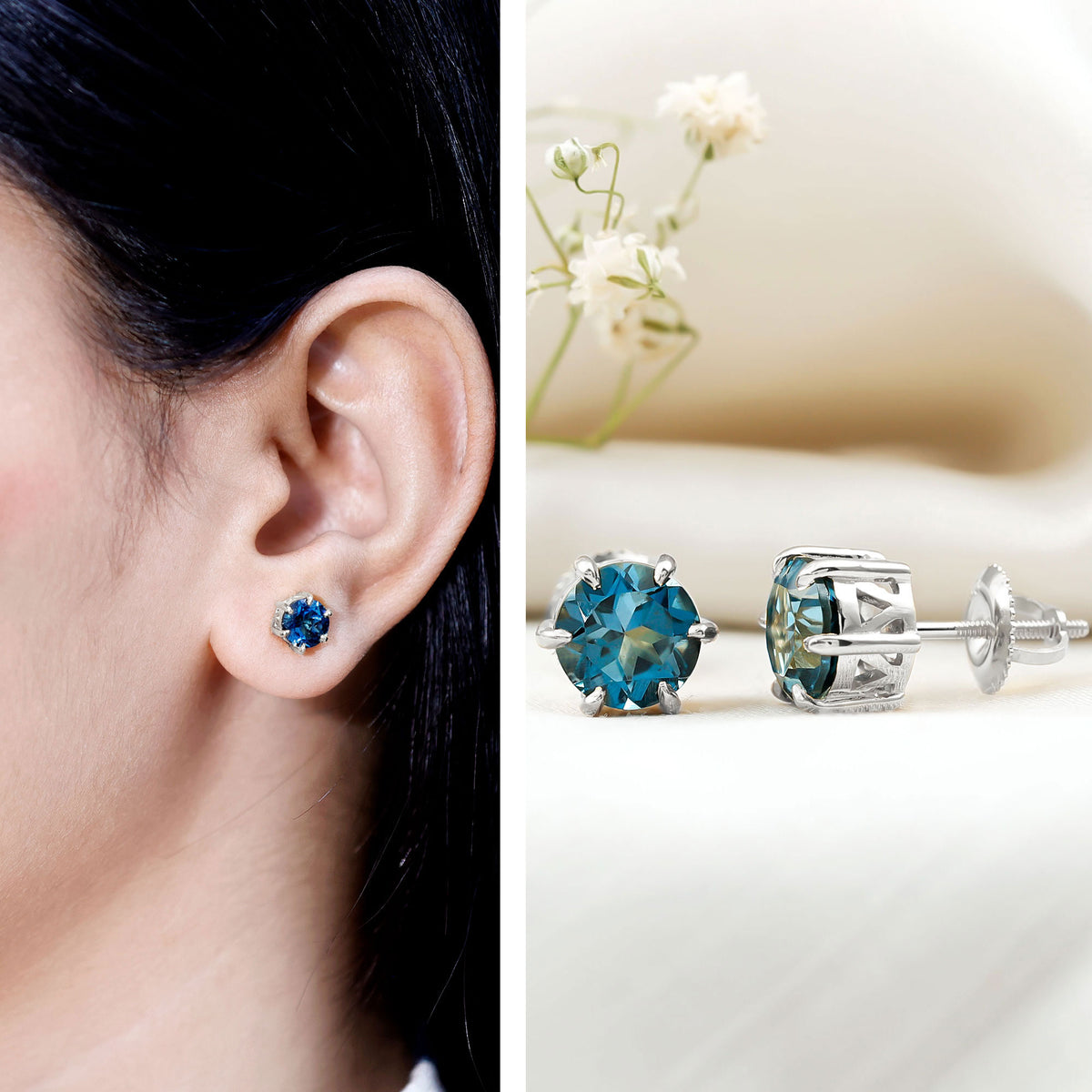 2.7 Carat London Blue Topaz Solitaire Stud Earrings AAA - Rosec Jewels