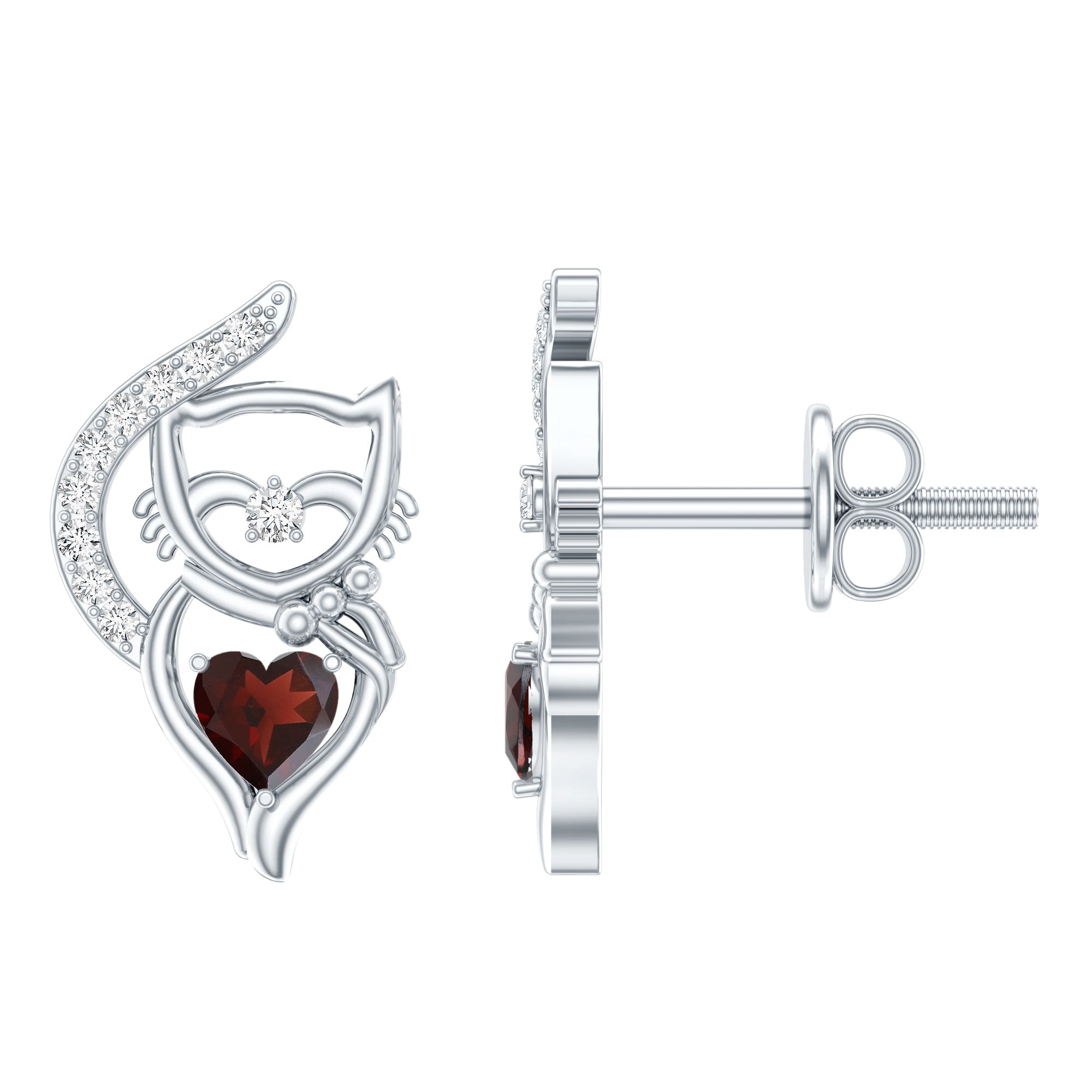 1/2 CT Cat Stud Earrings with Heart Shape Garnet and Diamond Accent