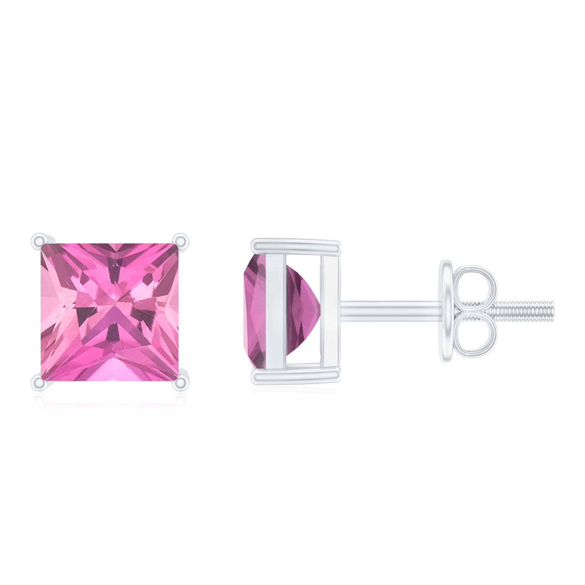 2 Carat Princess Cut Pink Tourmaline Stud Earrings with Screw Back AAA - Rosec Jewels