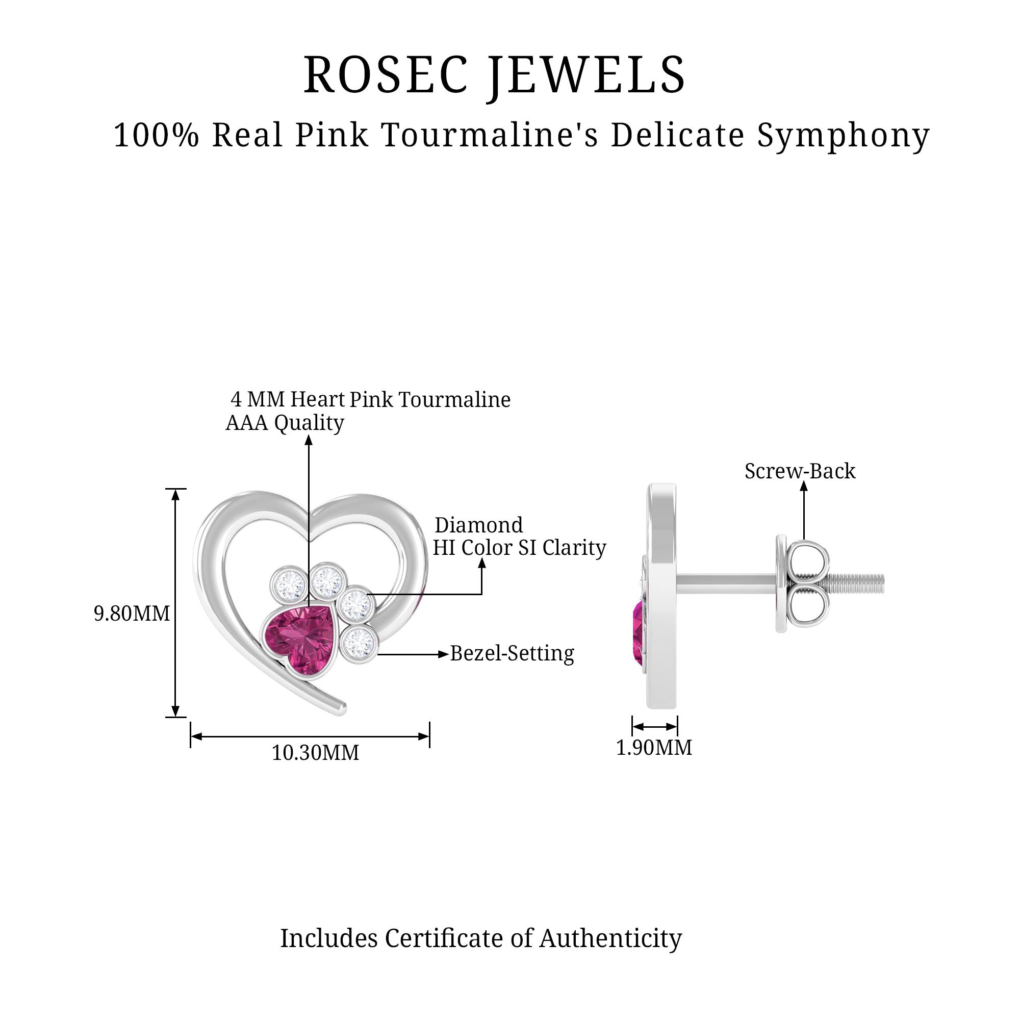 1/2 CT Heart Shape Pink Tourmaline and Diamond Dog Paw Stud Earrings Pink Tourmaline - ( AAA ) - Quality - Rosec Jewels