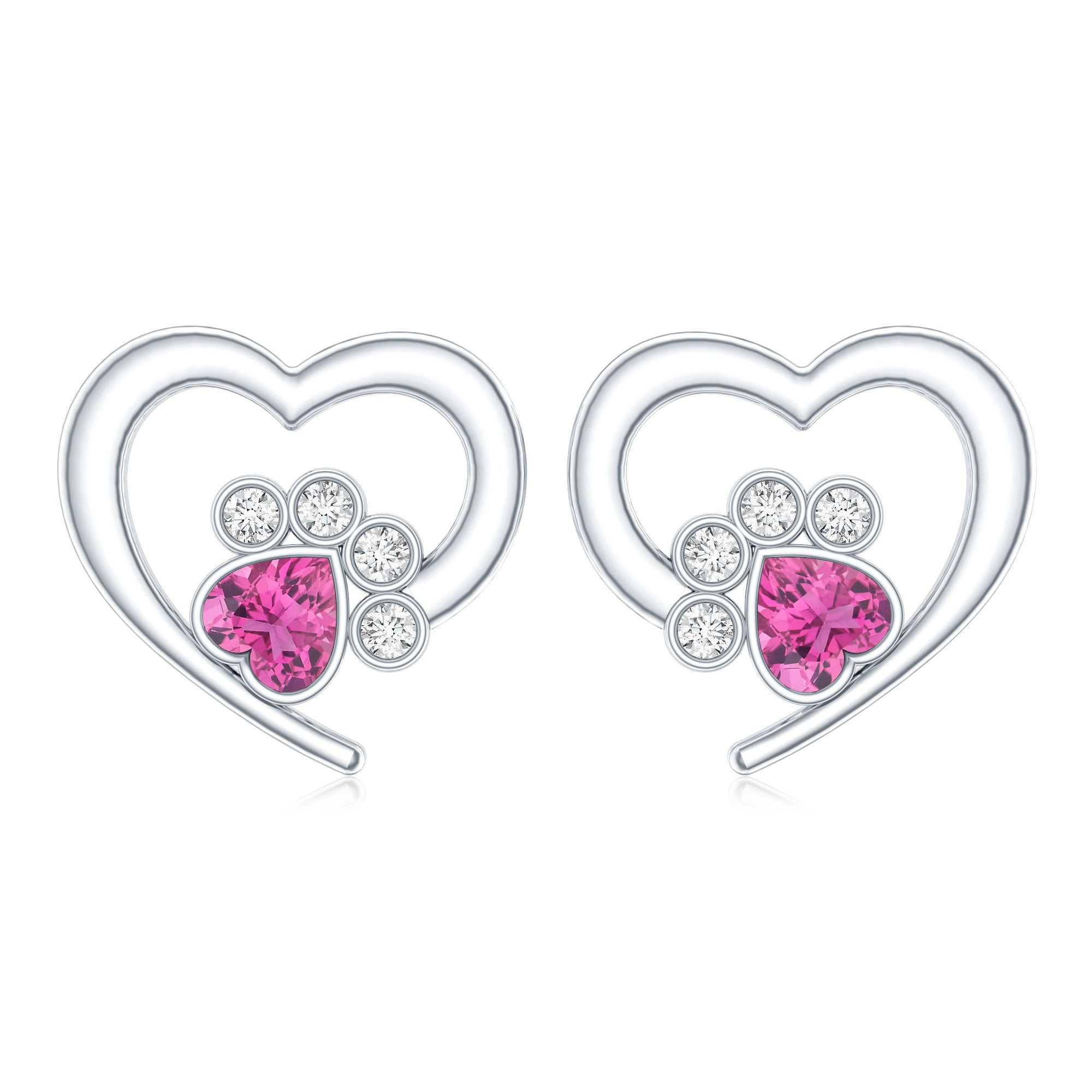 Heart Shape Pink Tourmaline and Diamond Dog Paw Stud Earrings AAA - Rosec Jewels