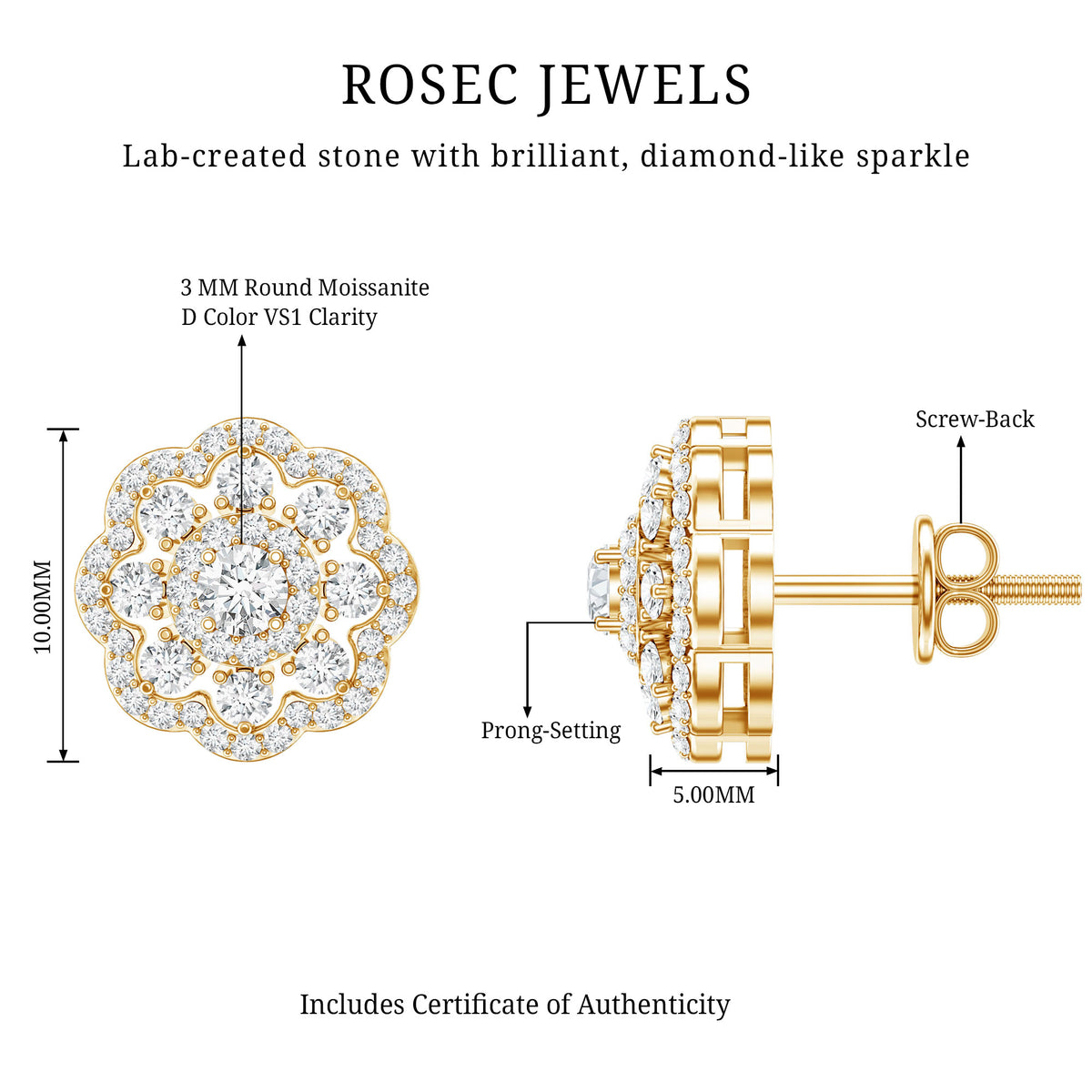 Certified Moissanite Big Flower Stud Earrings D-VS1 - Rosec Jewels