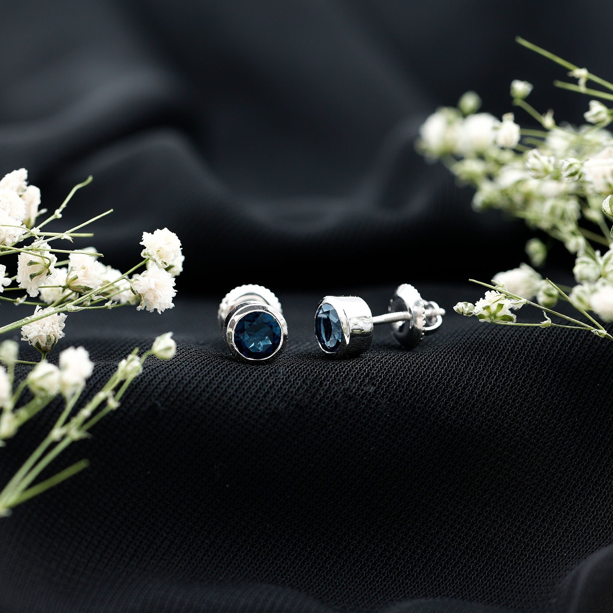 1.2 Carat Round Cut London Blue Topaz Solitaire Stud Earrings in Bezel Setting AAA - Rosec Jewels