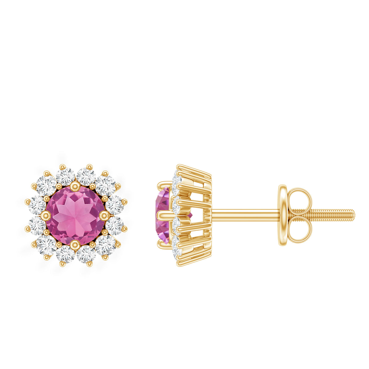 Natural Pink Tourmaline Stud Earrings with Diamond Halo AAA - Rosec Jewels