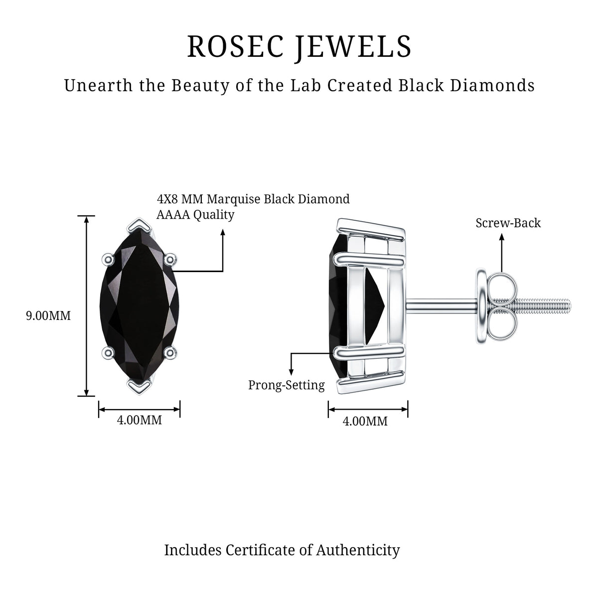 1.68 Carat Marquise Cut Lab Grown Black Diamond Stud Earrings AAAA ( Synthetic ) - Rosec Jewels