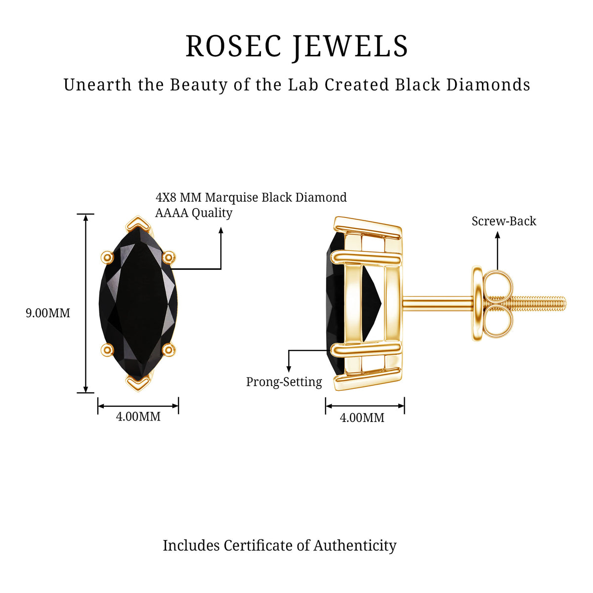 1.68 Carat Marquise Cut Lab Grown Black Diamond Stud Earrings AAAA ( Synthetic ) - Rosec Jewels