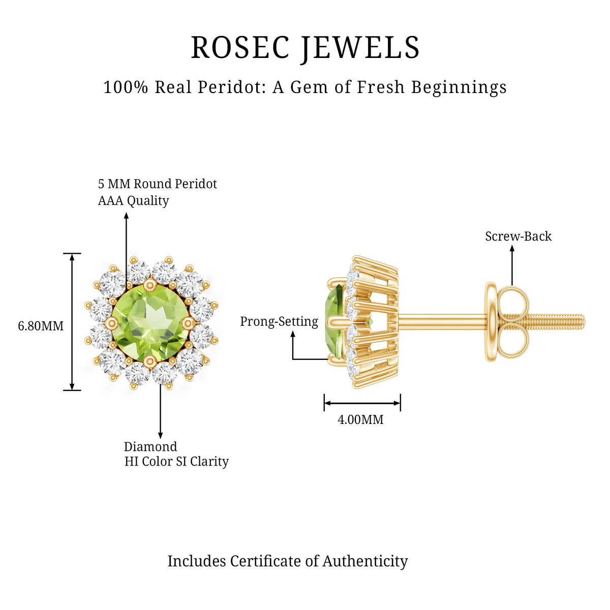 Natural 1 Carat Peridot Stud Earrings with Diamond Halo AAA - Rosec Jewels
